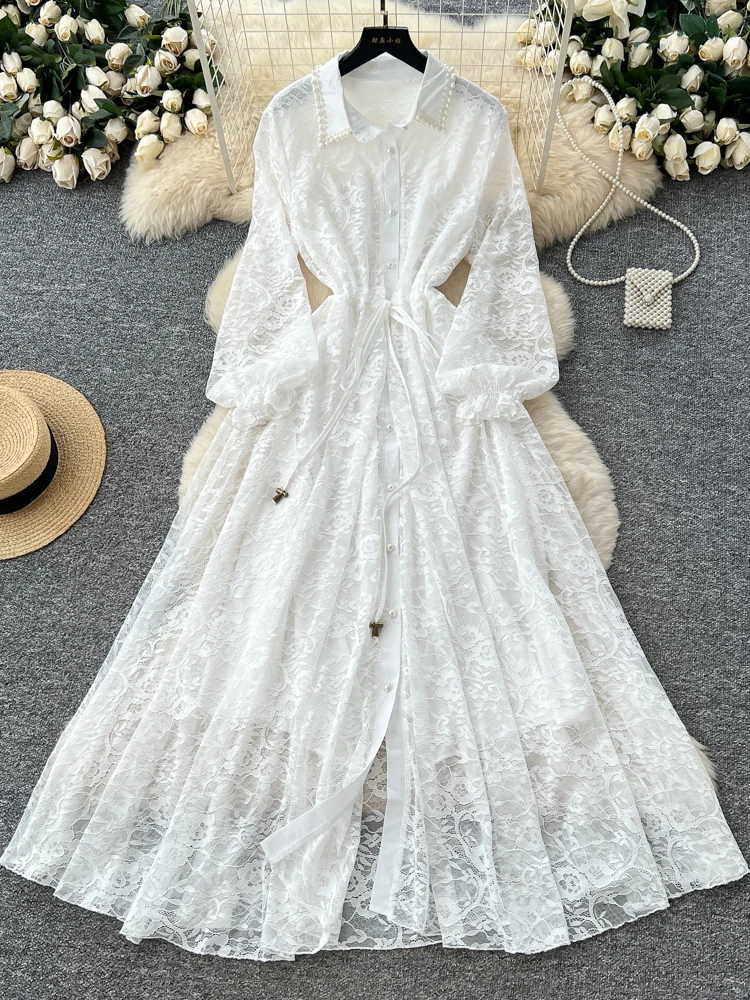 

Ele Heavy Embellied Lace Dr женский колокольчик с высокой талией и отложным воротником для похудения с поясом на одной пуговице Ci Commute