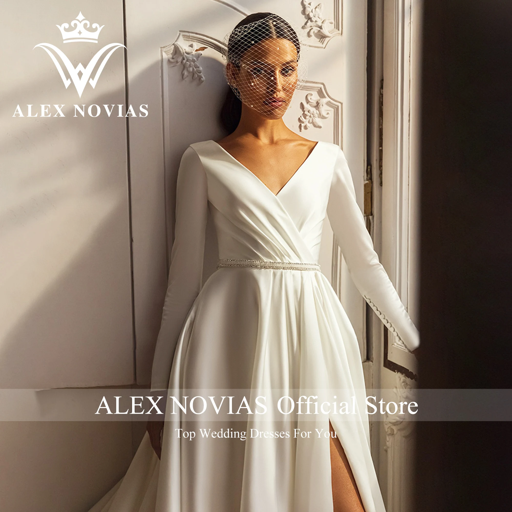 ALEX NOVIAS A-Line ชุดแต่งงานคริสตัลเข็มขัด2023 Vintage V คอแขนยาวผ้าซาตินชุดเจ้าสาว Vestido Novias De Saten