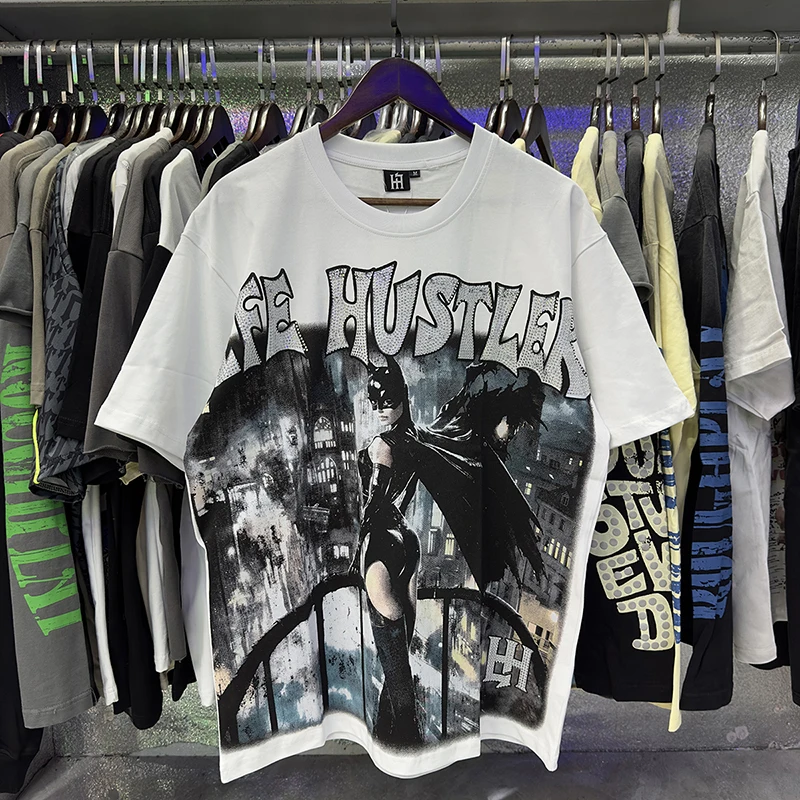 American Street Hot Diamond Letter Cotton Short Sleeve Tshirts Men Women Crew Neck Loose Summer Oversized T-shirt Real Photo