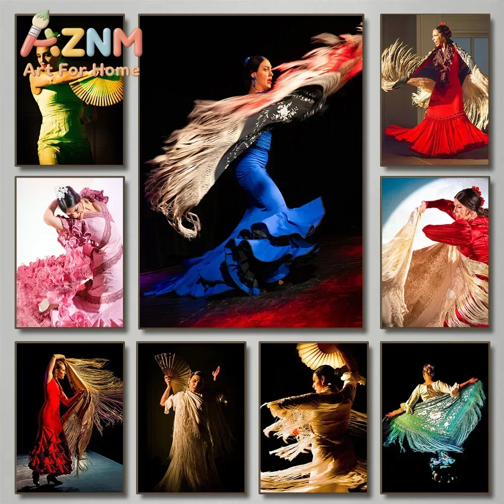 AZNM Spanish Flamenco Dancer Canvas Wall Art Traditional Dance Woman Poster Vivid Color Culture Print Unframed Canvas Painting f