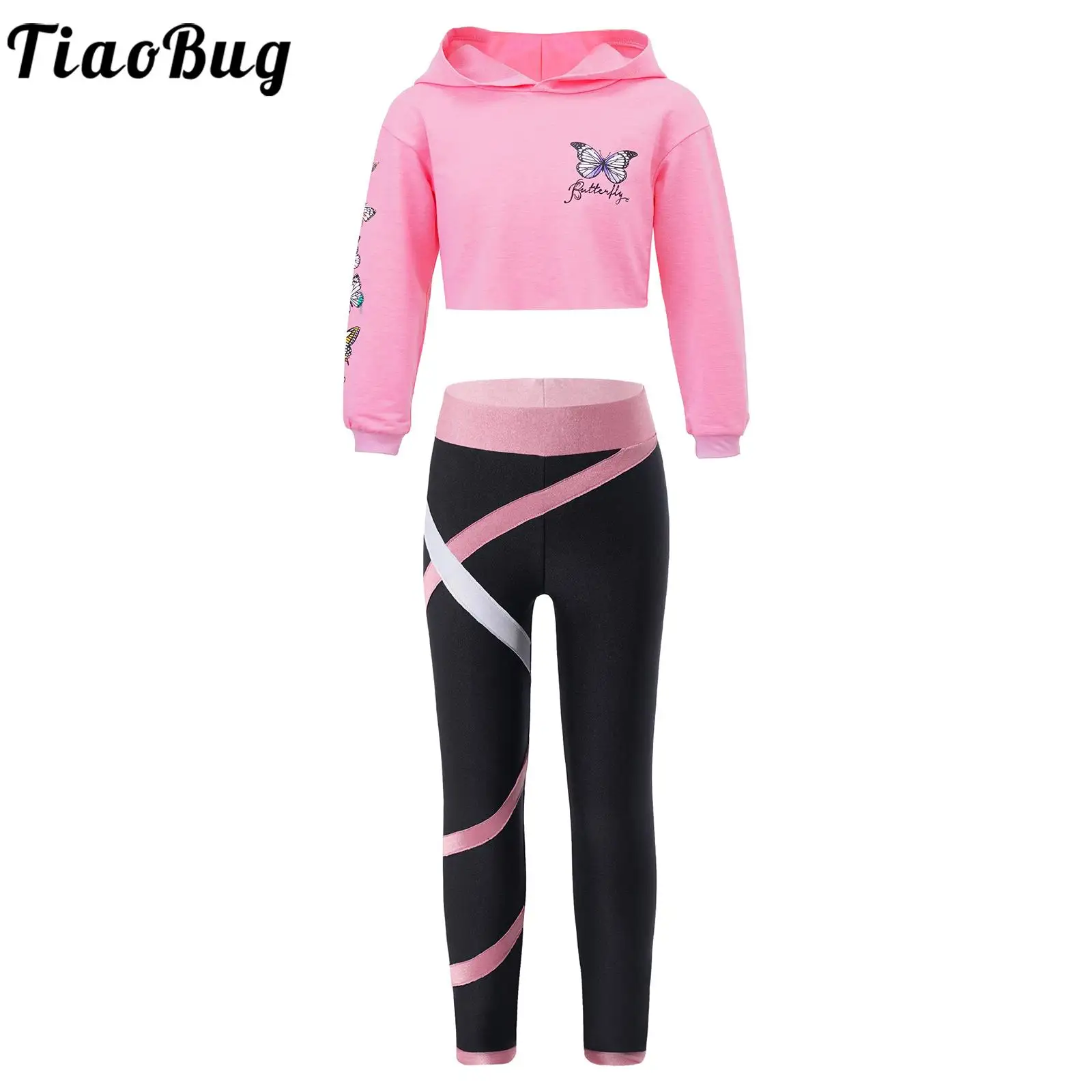 

Kids Girls Sports Gymnastics Workout Dancewear Sets Long Sleeve Hooded Butterfly Printed Cropped Sweatshirt with Leggings Pants