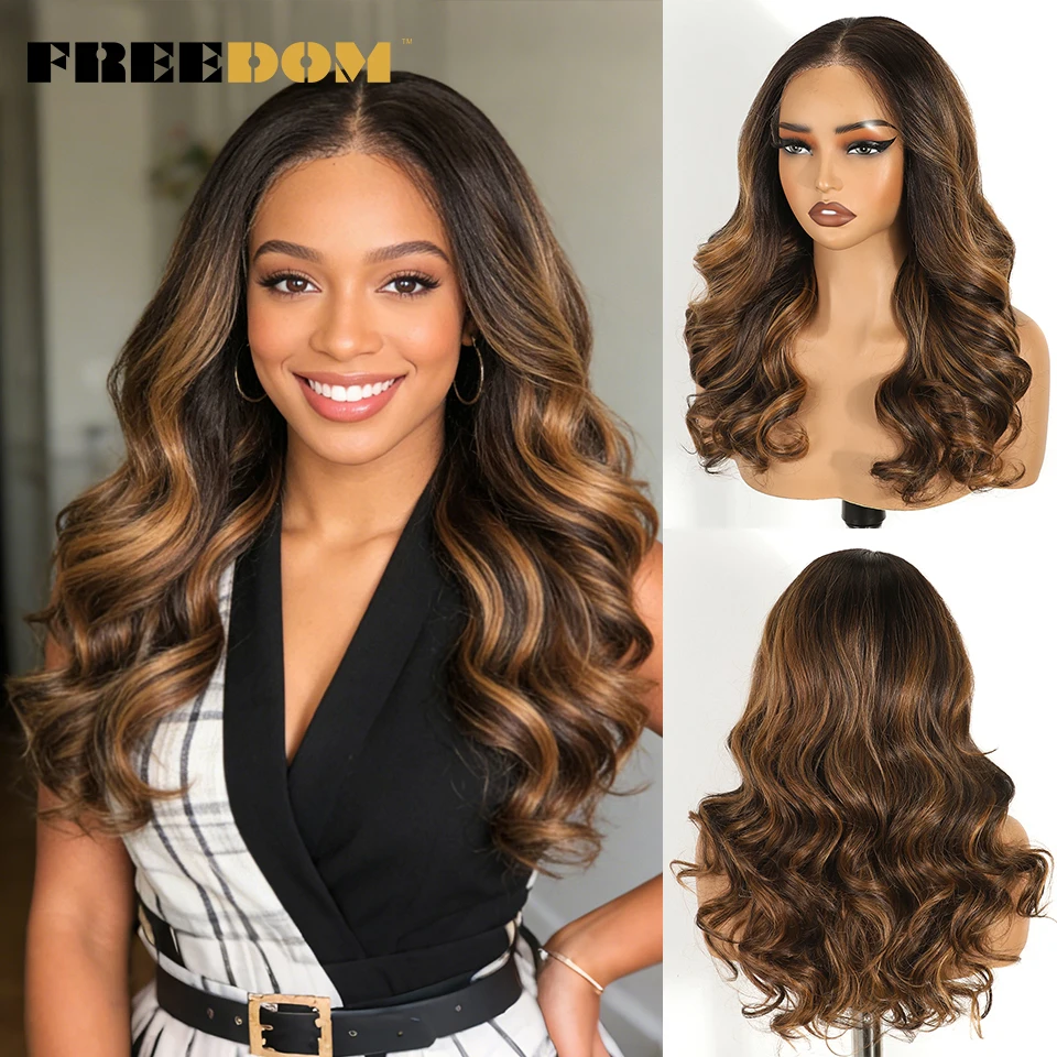 FREEDOM Body Wave, synthetische Perücken mit Spitze vorne für Damen, 9x6, vorgezupfte Spitze, 20 Zoll, vorgefertigte Ombre-Perücke in Braun-Blond, Cosplay-Perücken. – Detail 11