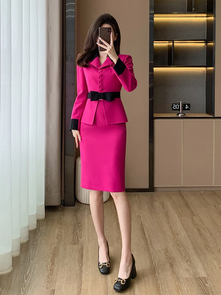 Fashion Women Casual Blazer Skirt Suit Ladies Pink Beige Long Sleeve Female Two Piece Set For Autumn Winter