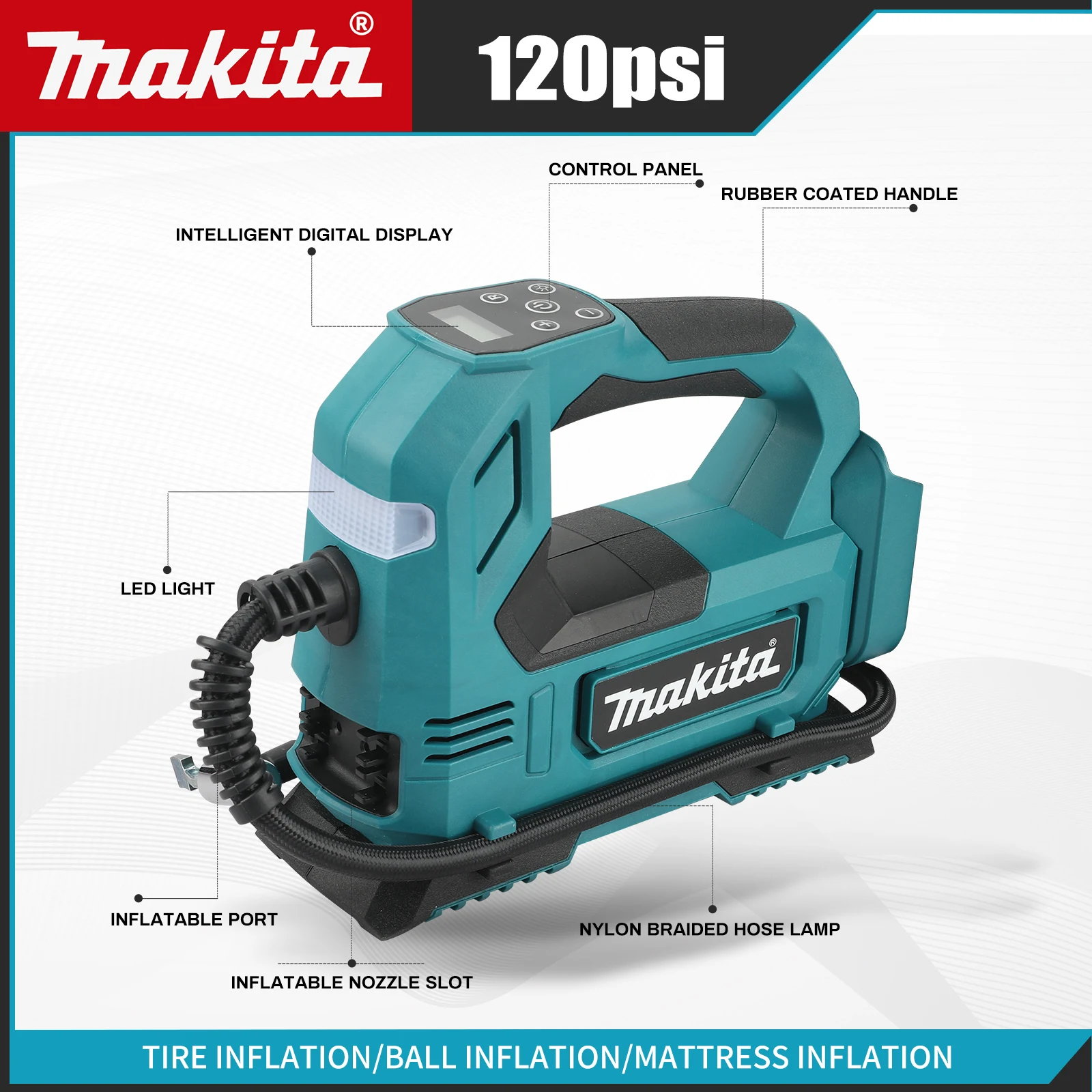 For Makita DYS59 Wireless Portable Air Compressor,18V,120PSI,22L/min,Handheld Tire Pump with Digital Screen