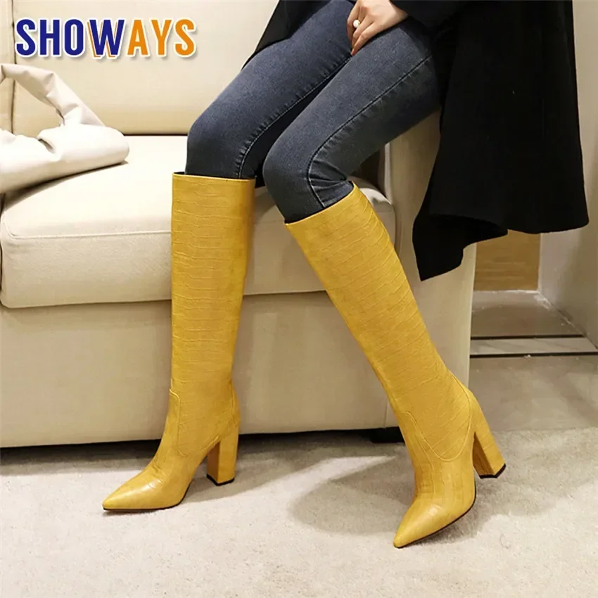 Big Size Women Knee High Boots Yellow Black Crocodile PU Chunky Heel Sexy Party Office Lady Winter Pointed Toe Long Riding Boots