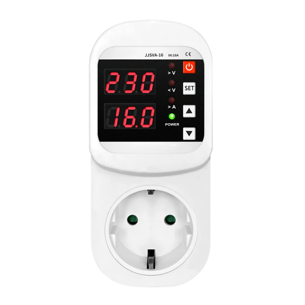

Protector Socket: 16A Nickel-Plated Brass Safety Door with LED Display - High-Power Appliances Voltage Current Protection for