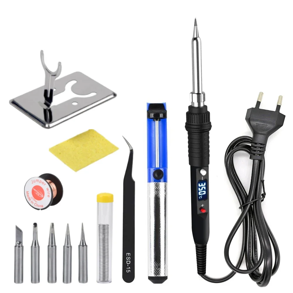 JCD 80W Electric Soldering Iron Kit Adjustable Temperature LCD Welding Tool Ceramic Heater Soldering Iron and Tin Wire 110V 220V