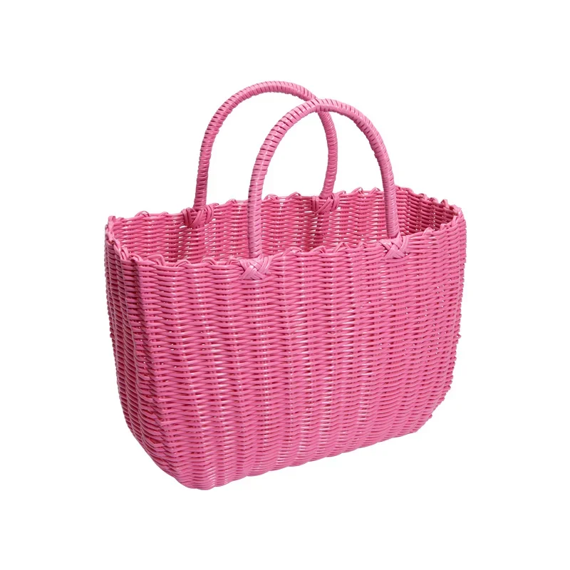 Large Handheld Plastic Woven Storage Basket, Picnic Fruit Basket, Supermarket Shopping Storage Bin, Decorative