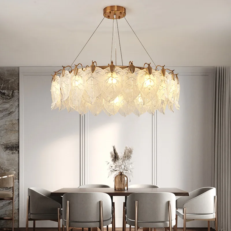 Exquisite White Leaves Glass Ceiling Chandeliers Dimmable LED Light Luxury Lustre Round Hanging Lamps Home Decor for Dining Room