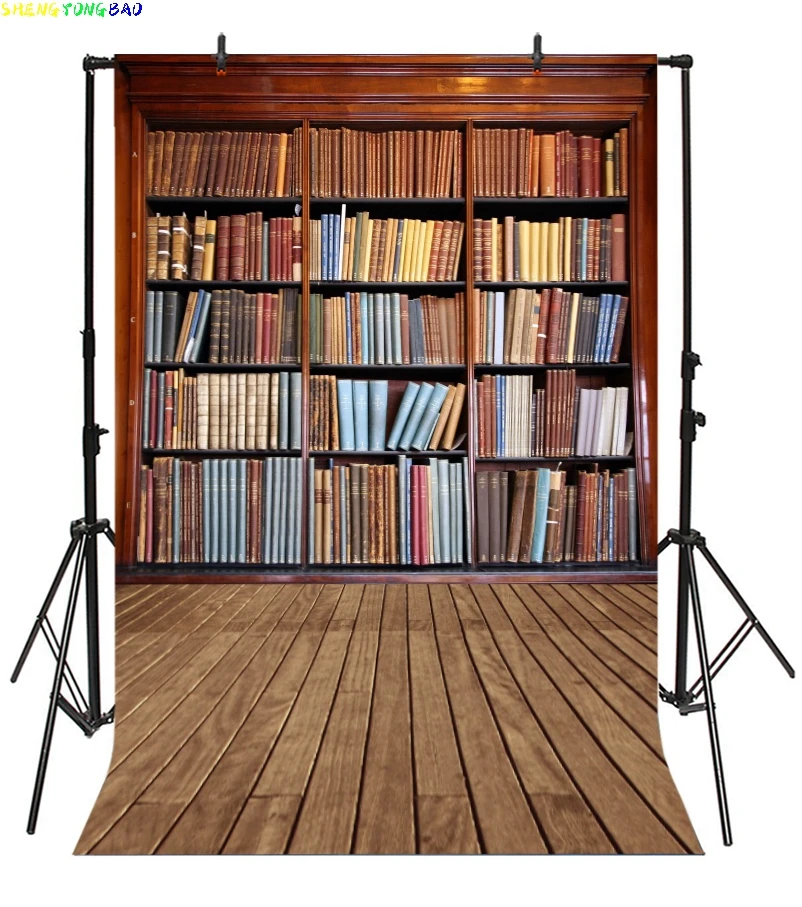 

Vintage Bookshelf Photography Background Back to School Library Wooden Floor Student Child Birthday Portrait Backdrops Poster