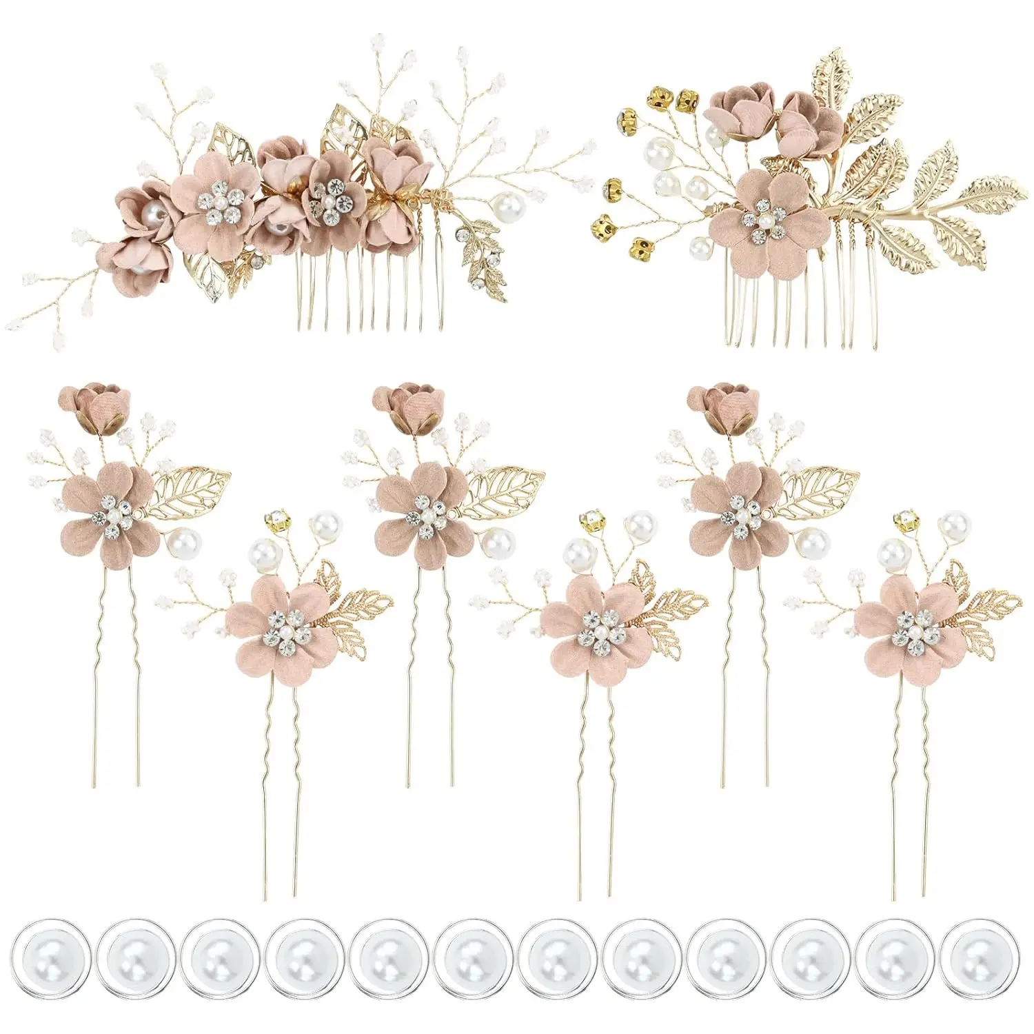 

20 Pack Dusty Pink Blue Flower Bridal Hair Combs & Pins Set with Pearls for Women Girls
