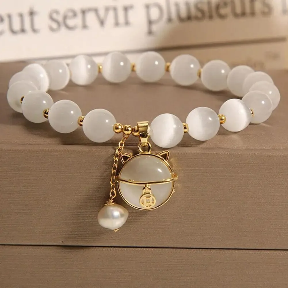 Opal Beaded Bracelet for Women Lucky Cat Pendant Adjustable Friendship Jewelry Gifts