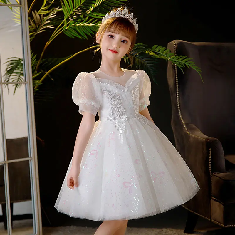 Flower Girls Wedding Dress Birthday Party Princess Dresses Children Short sleeve Performance Shiny Sequin Beaded White Gown N23