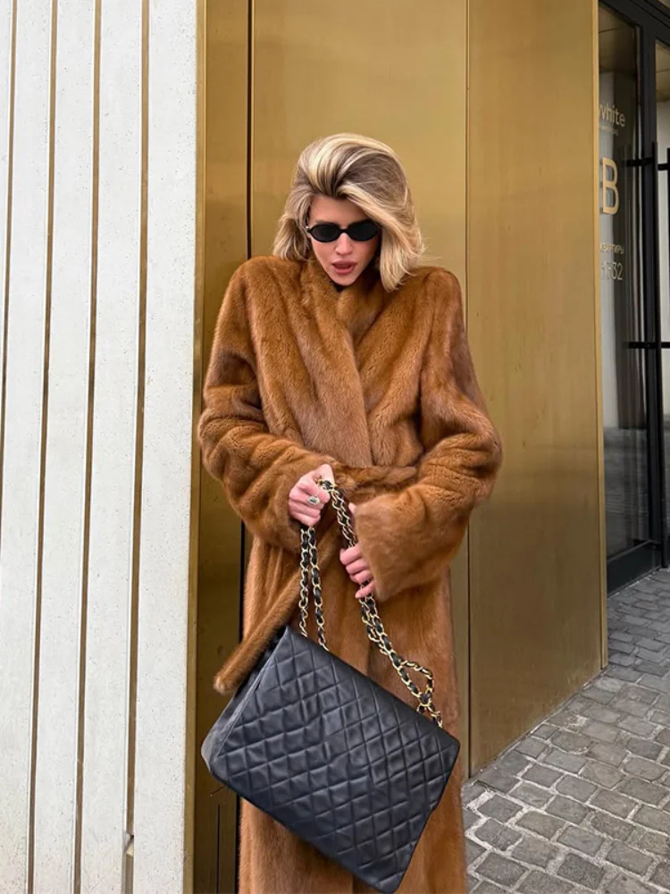 رداء أصفر مفتوح الكتف العادي مع حزام صديق للبيئة من الفرو سميك وأكمام طويلة ملابس خارجية للسيدات معطف كاجوال عتيق #2