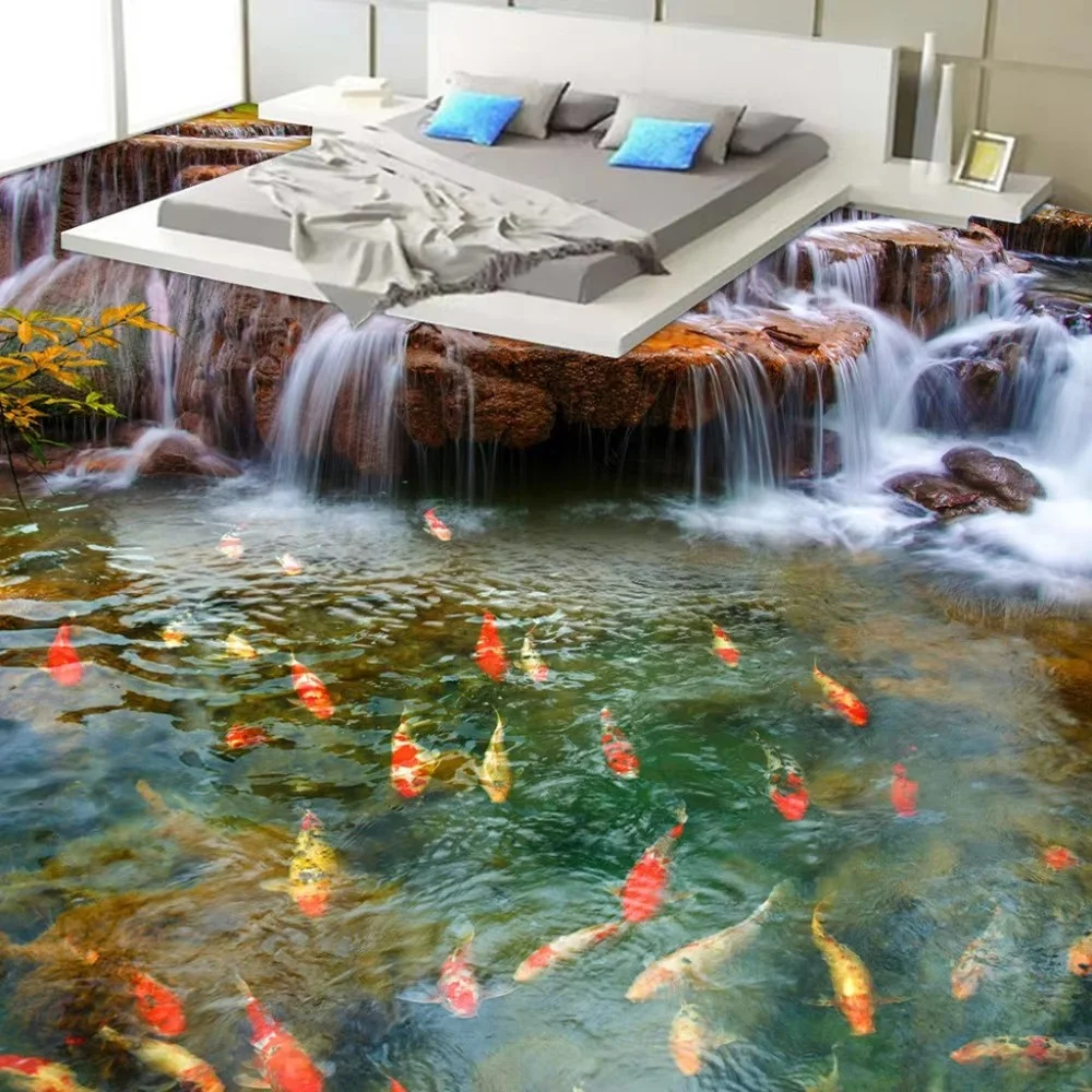 Custom 3d floor green beautiful waterfall pvc self-adhesive floor creek carp bathroom living room decorative painting wallpaper