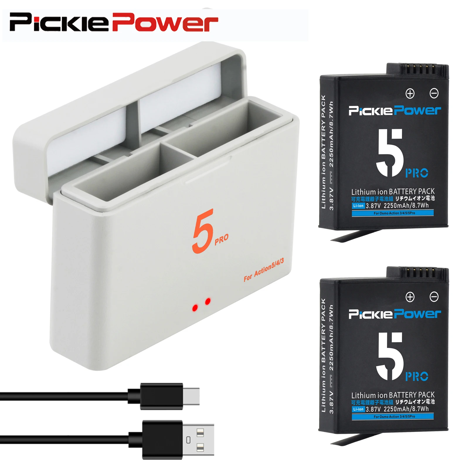 PicklePower 2250mAh Replacement Battery for DJI Osmo Action 6/5 Pro/4/3, Osmo 360, Charger Box for DJI 3/4/5Pro Accessories