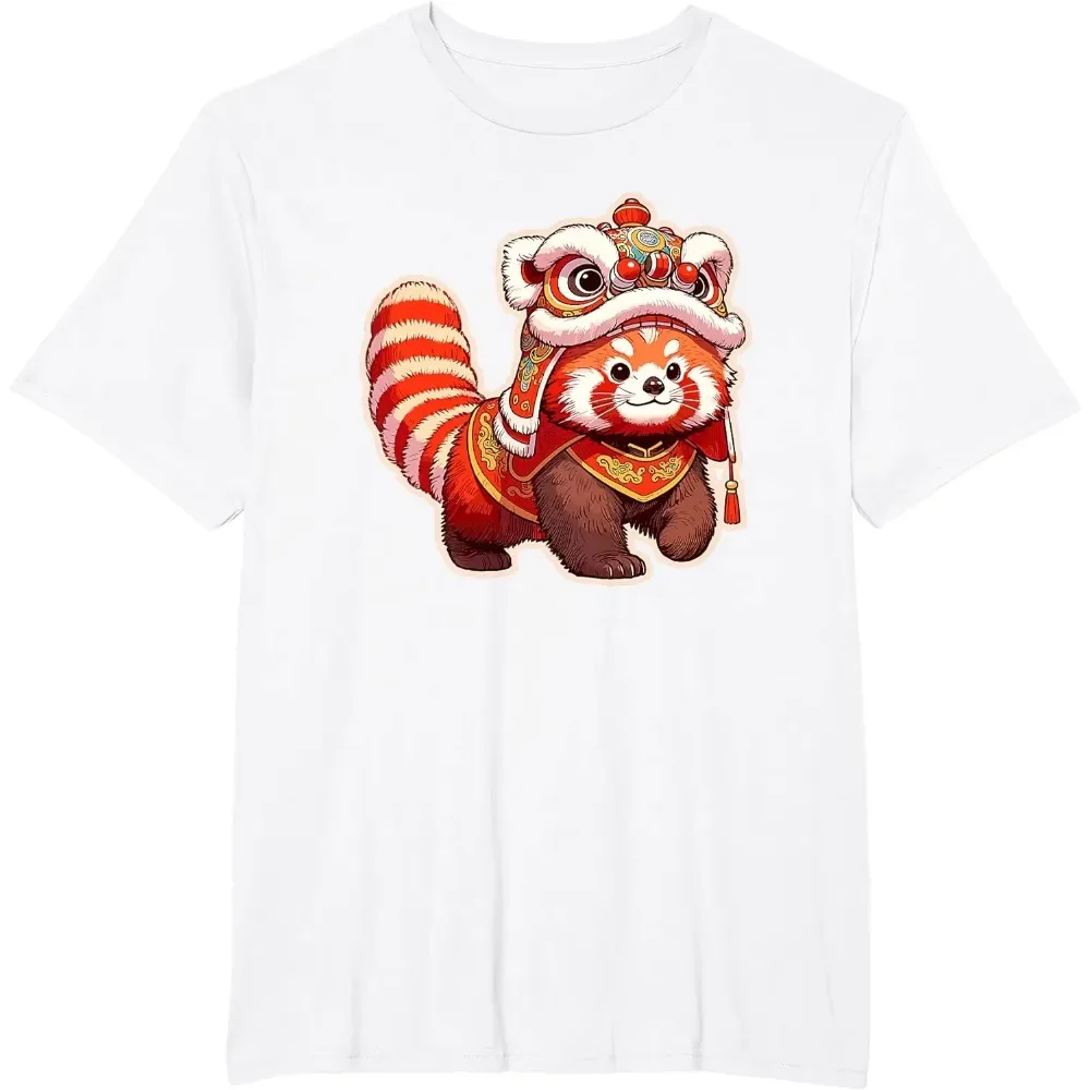Chinese New Year Red Panda Lion Dance Lunar New Year Short Sleeve T-Shirt Kawaii Clothes Graphic T Shirts Men Women Clothing