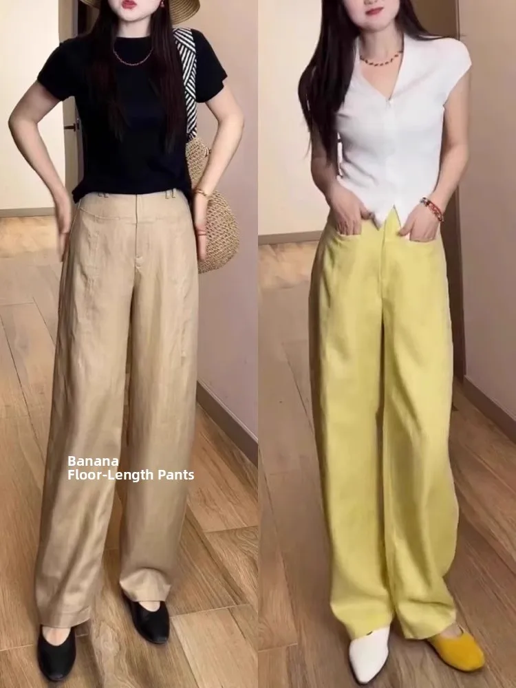ハイウエストドレープリネンテンセル女性の夏薄いワイドレッグパンツカジュアルスーツパンツ快適な通気性のあるハイウエストパンツ