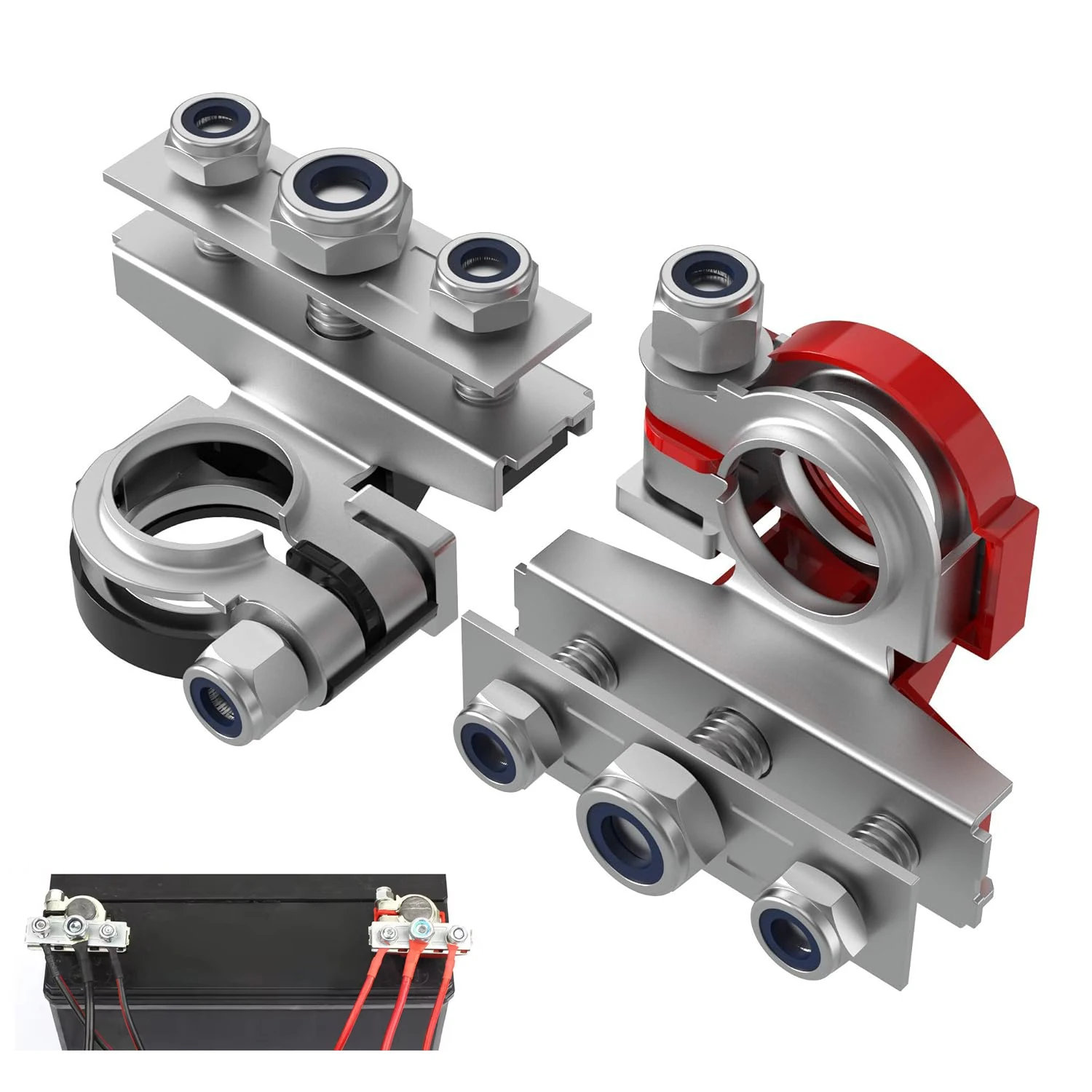 2PCS 12V 24V Automotive Top Post Car 3 Way Battery Wire Cable Terminal Clamp Connector Kit Positive and Negative Set Red & Black