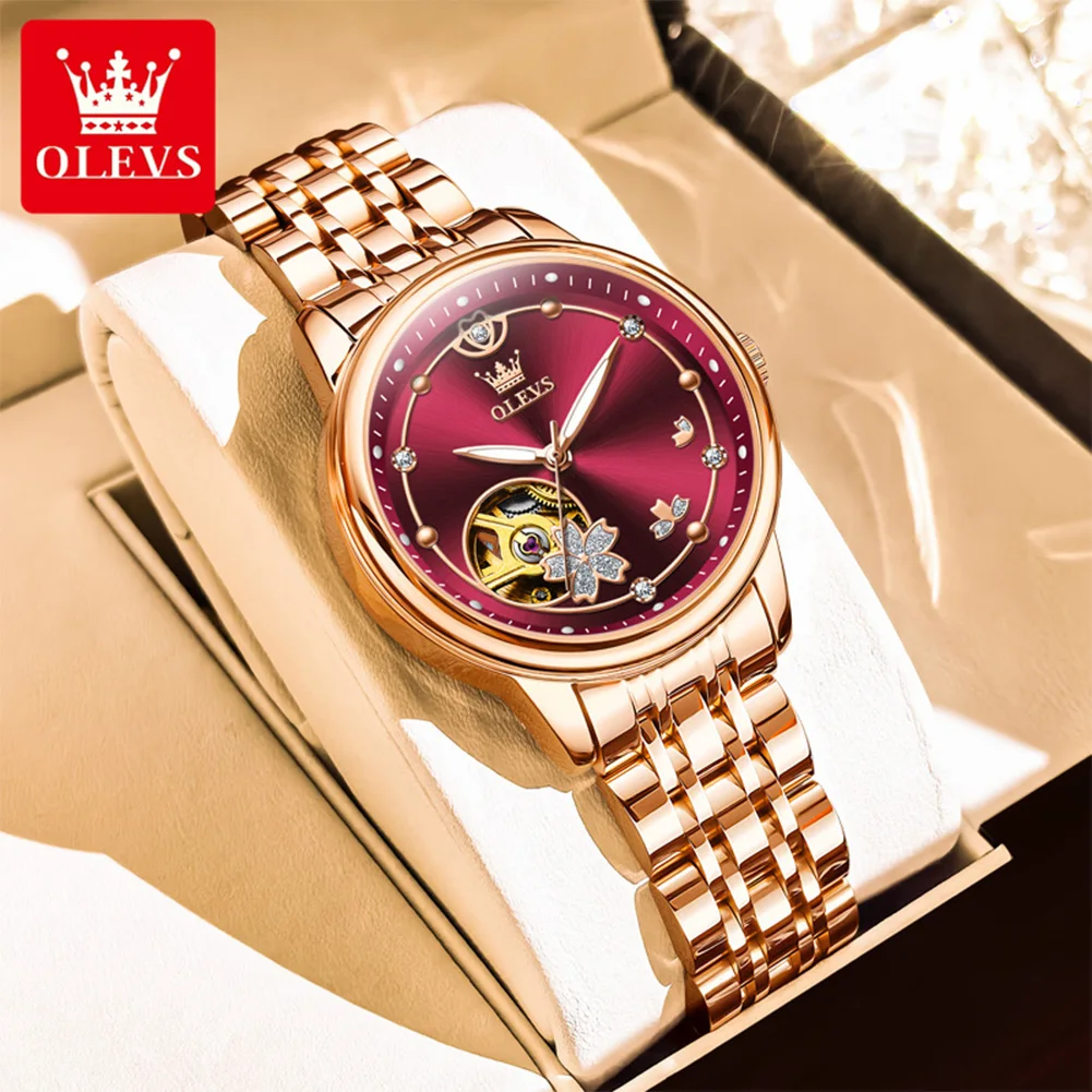OLEVS Women's Watches Luxury Fashion Rose Gold Original Automatic Mechanical Watch for Lady Elegant Flower Flywheel Waterproof