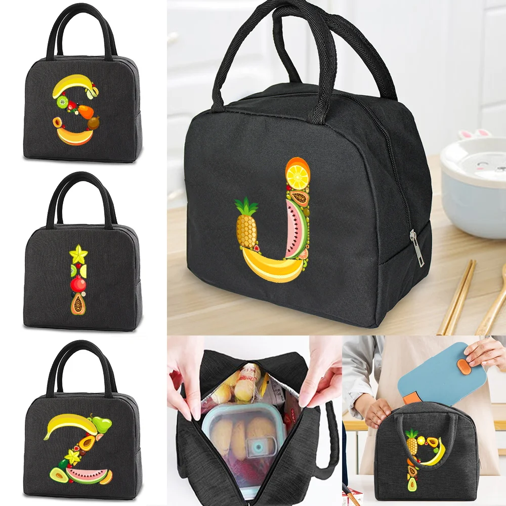 

Lunch Bag Printed Bear Icon Reinforced Handles Smooth Zipper Fruit Letter Printing and Front Pocket Wipeable Inner School Use