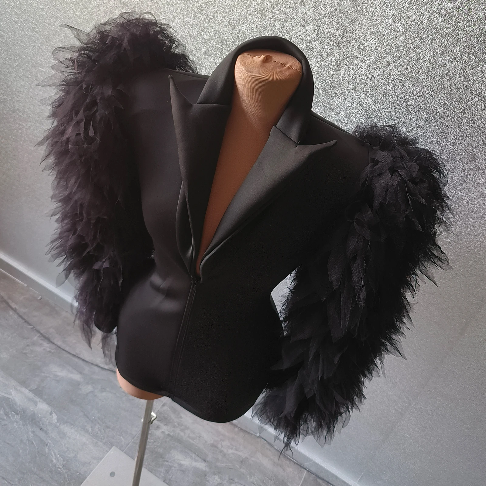 Women's deep-frilled mesh long-sleeved shawl collar decked elegant blazer jacket sexy party club DS birthday outfits drag queen