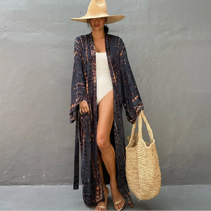 Tie Dye Katoen Strand Kimono Badmode Boheemse Oversized Bikini Cover Up Batwing Mouw Lang Vest Dameskleding