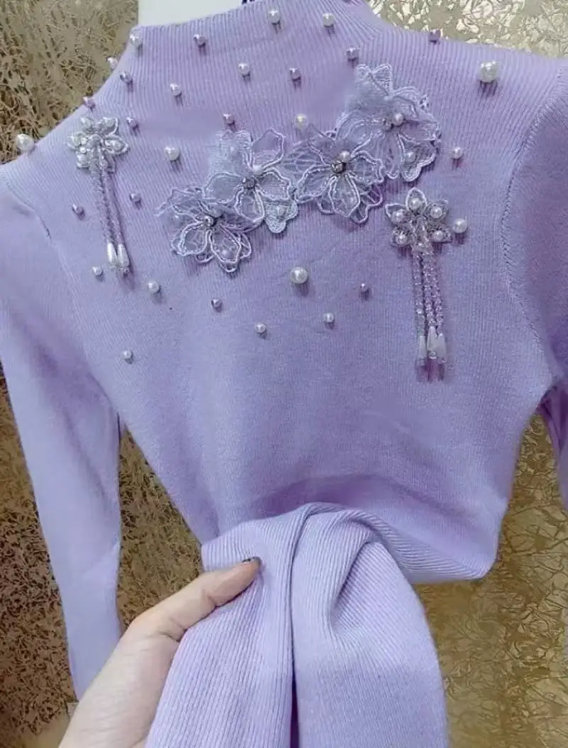 Pearls Beaded Crystal Tassel Flowers Stitch Sweater For Women Spring Autumn 2026 Knitwear Pullovers Femme Clothes