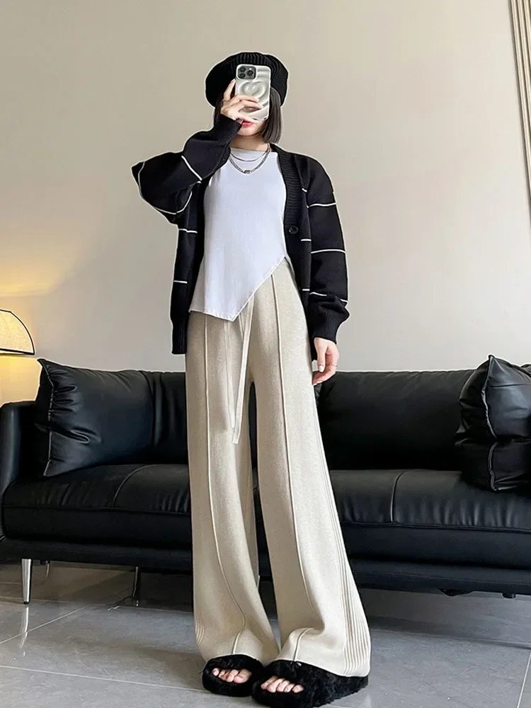 Knitted Lace-up High Waist Women Pants Simple Fashion Streetwear Straight Loose Casual Solid Color Female Wide Leg Pants