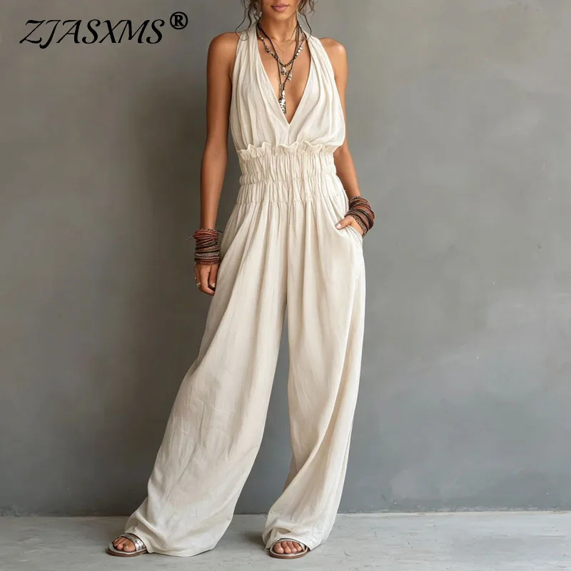 

Vintage Solid Halter Jumpsuit Women Sleeveless V-Neck Smocked Waist Loose Wide Leg Pants Casual Beach Daily Wear One-Piece Suits