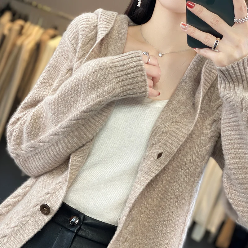 100% Merino Wool Hooded Cardigan Autumn/Winter Long Sleeved Solid Color Korean Fashion Loose Casual Knit Sweater Jacket To