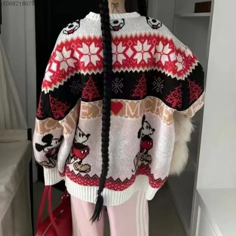 Disney Mickey wersja koreańska modny sweter z kreskówek damski jesienno-zimowy nowy żakardowy Vintage luźne swetry gruby top z dzianiny