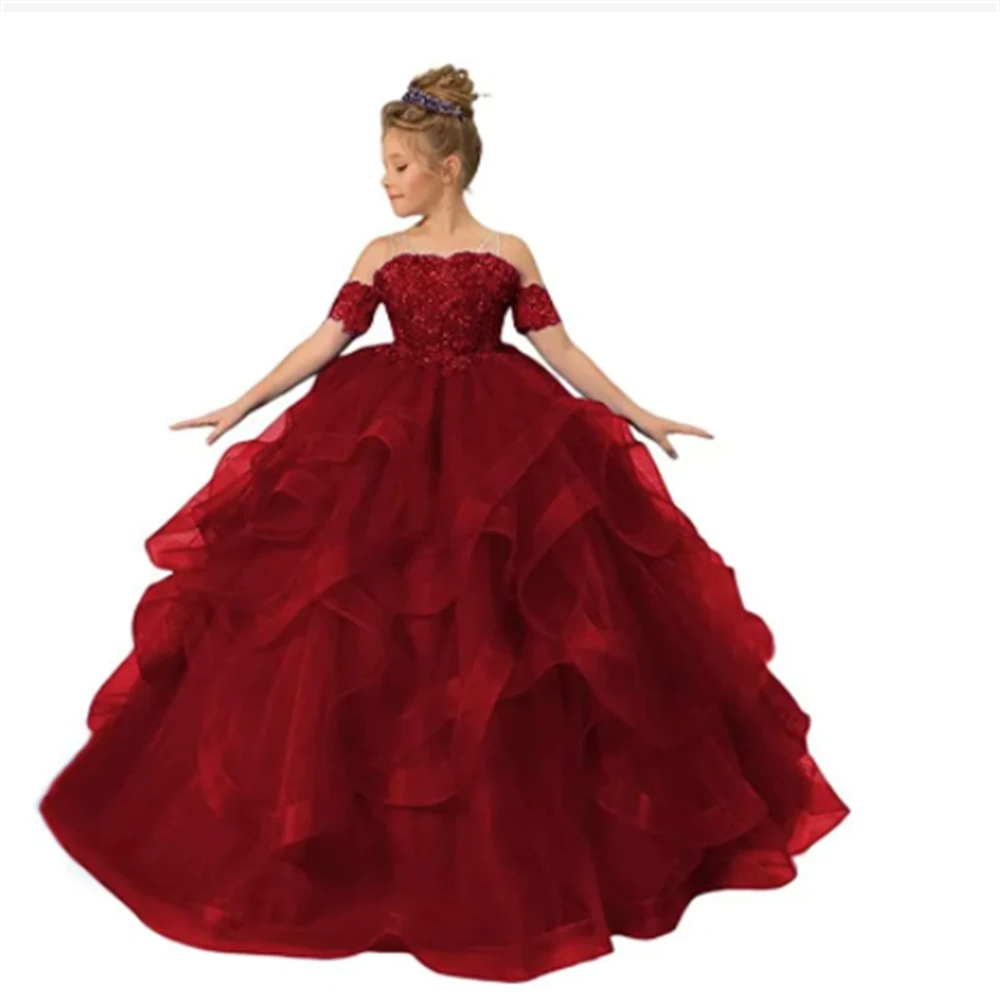 Vestido de tul rosa para niña de las flores, apliques en capas, Manga corta para boda, fiesta de cumpleaños, banquete, vestidos de princesa