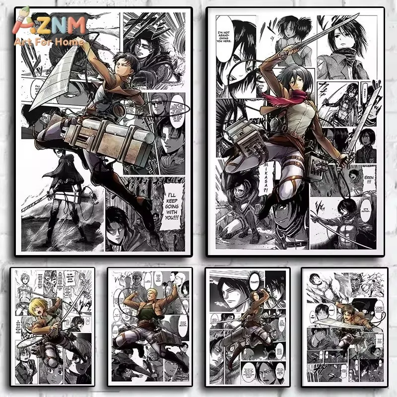 AZNM - Lienzo Decorativo sin Marco con Diseño de Anime y Manga, Estilo Página de Historia, Impresión de Personajes como Levi, Mikasa y Armin, para Dormitorio o Sala de Estar