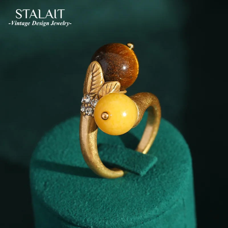 

Blue Natural Stone Open Leopard Rings Fashionable Retro Water Drop Copper Gold Color Pearl Flower Wide Edition Finger Jewelry