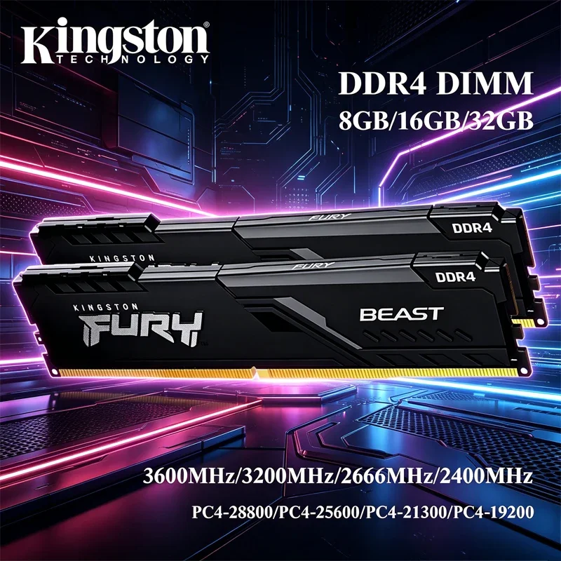 Memoria RAM Kingston BEAST DDR4 para Ordenador de Escritorio, 8GB, 16GB, 32GB, 3600, 3200, 2666, 2400 MHz, Memoria de 288 Pines DDR4 DIMM, 1.2V, PC4-21300, 25600, 28800