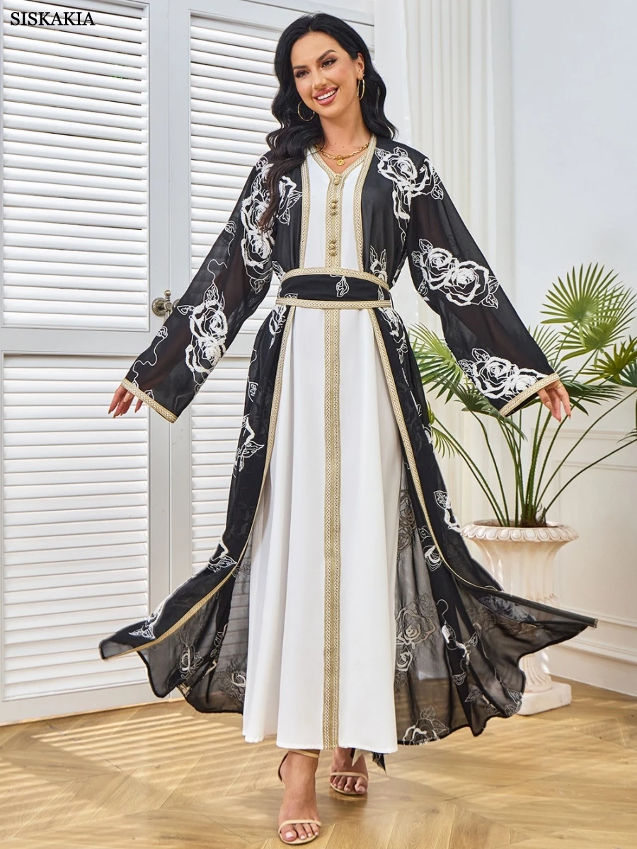Siskakia Dubai Embroidery Long Abaya Muslim Mesh Sleeve Belted Kaftan Two-Piece Set Dress Belt included