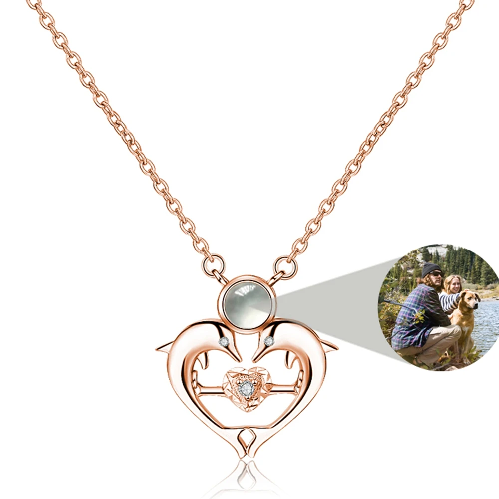 カスタム写真投影フォトネックレス 女性用 イルカハートペンダントネックレス パーソナライズされた誕生日プレゼント メモリアルジュエリー