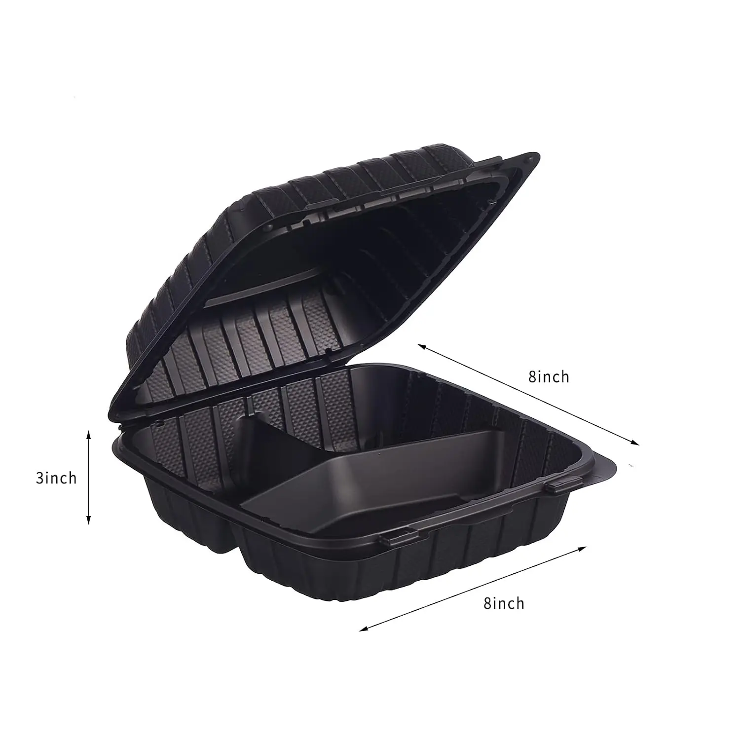 8x8 3-Compartment 50-Pack Plastic Clamshell To-Go Food Trays, Durable Disposable Containers for Salad, Pasta, Catering, with Secure Snap Lid