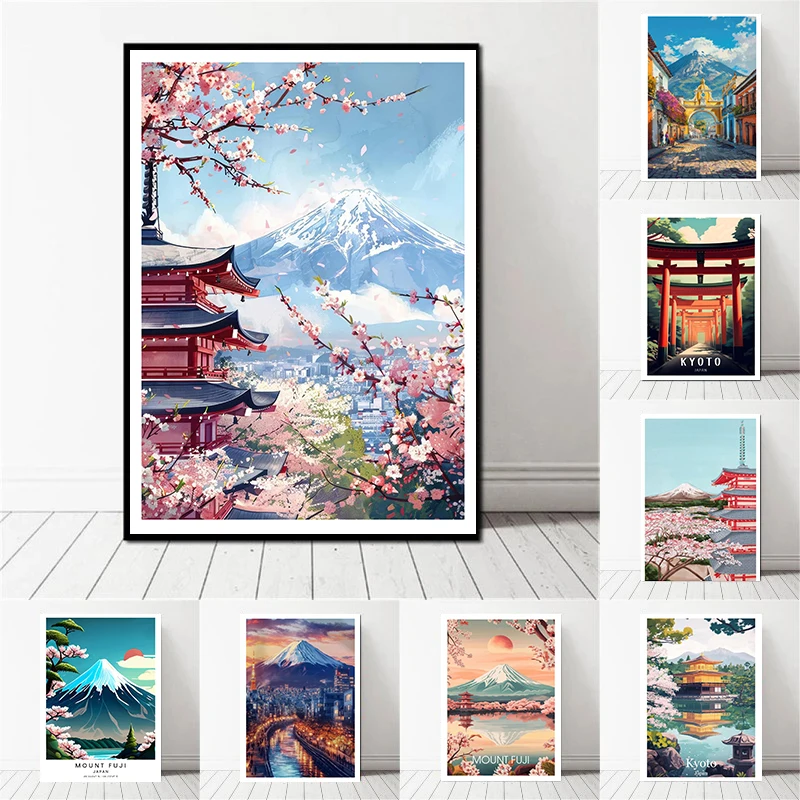 Peaceful Retro And Beautiful Japanese Mount Fuji Temple Pagoda Tourism Landscape Art Poster Canvas Print Bedroom Home Wall Decor