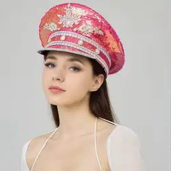 HongLuan Pink Steampunk Rhinestone Captain Hat for Adults , Burningman Festival Woman, Vintage Military Cap for Man New Designs