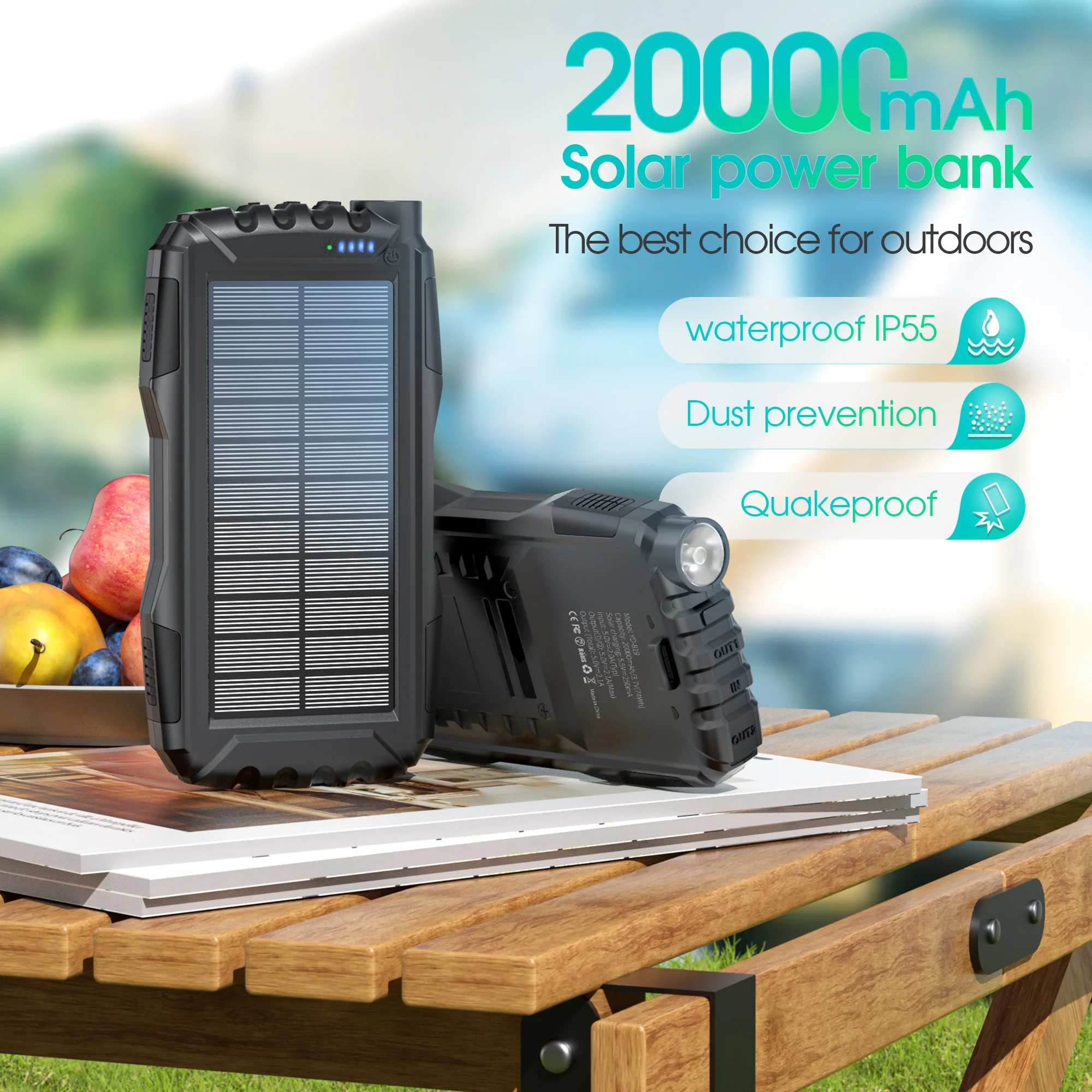 Portable solar charging bank, 20000mAh flashlight climbing buckle dust and water resistant, suitable for iPhone and Android elec