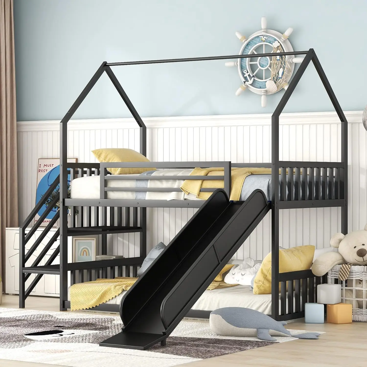 Harper & Bright Designs Twin Over Twin Metall Etagen bett mit Rutsche und Treppe, niedriges Etagen bett für Kinder, Etagen bett,