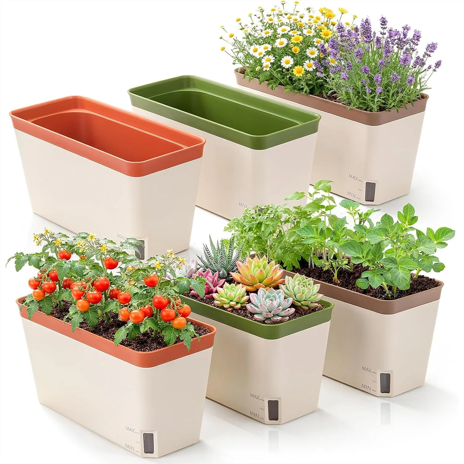 

Self Watering Windowsill Herb Planter Box Set of 6, 10.5 Inch Pots with Water Level Window for Indoor Plants, Vegetables