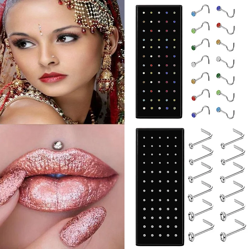 60/40Pcs Set Stainless Steel Nose Stud Straight/L/Screw Shaped  Nose Ring Fashion Crystal Body Piercing Jewelry with Box