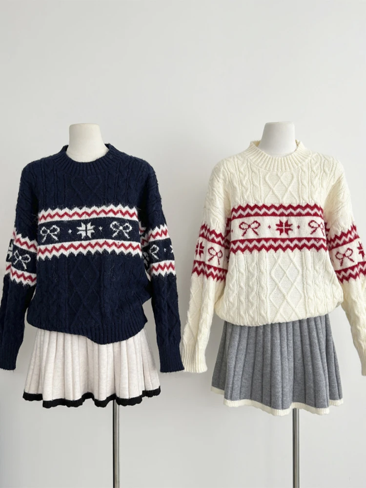 ผู้หญิงสีขาวเสื้อกันหนาวเสื้อกันหนาว Harajuku Y2k Oversize แขนยาวถักเสื้อกันหนาวคริสต์มาส Vintage 2000s เสื้อผ้าฤดูใบไม้ร่วง