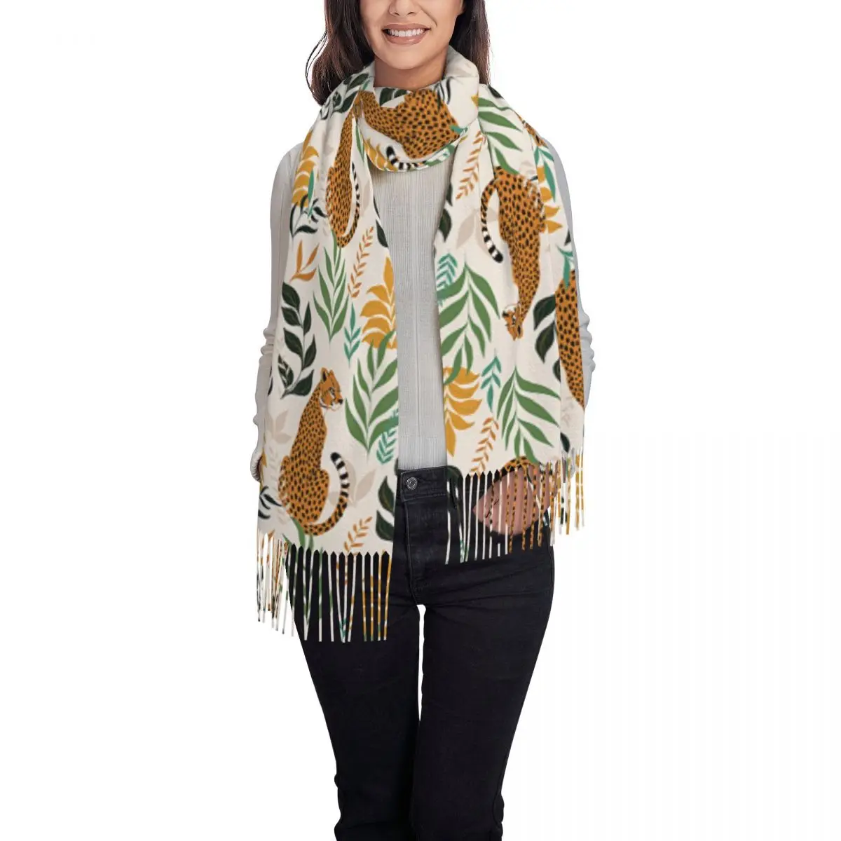 Custom Wild Cheetahs Pattern Tassel Scarf Women Soft Shawls Wraps Lady Winter Scarves