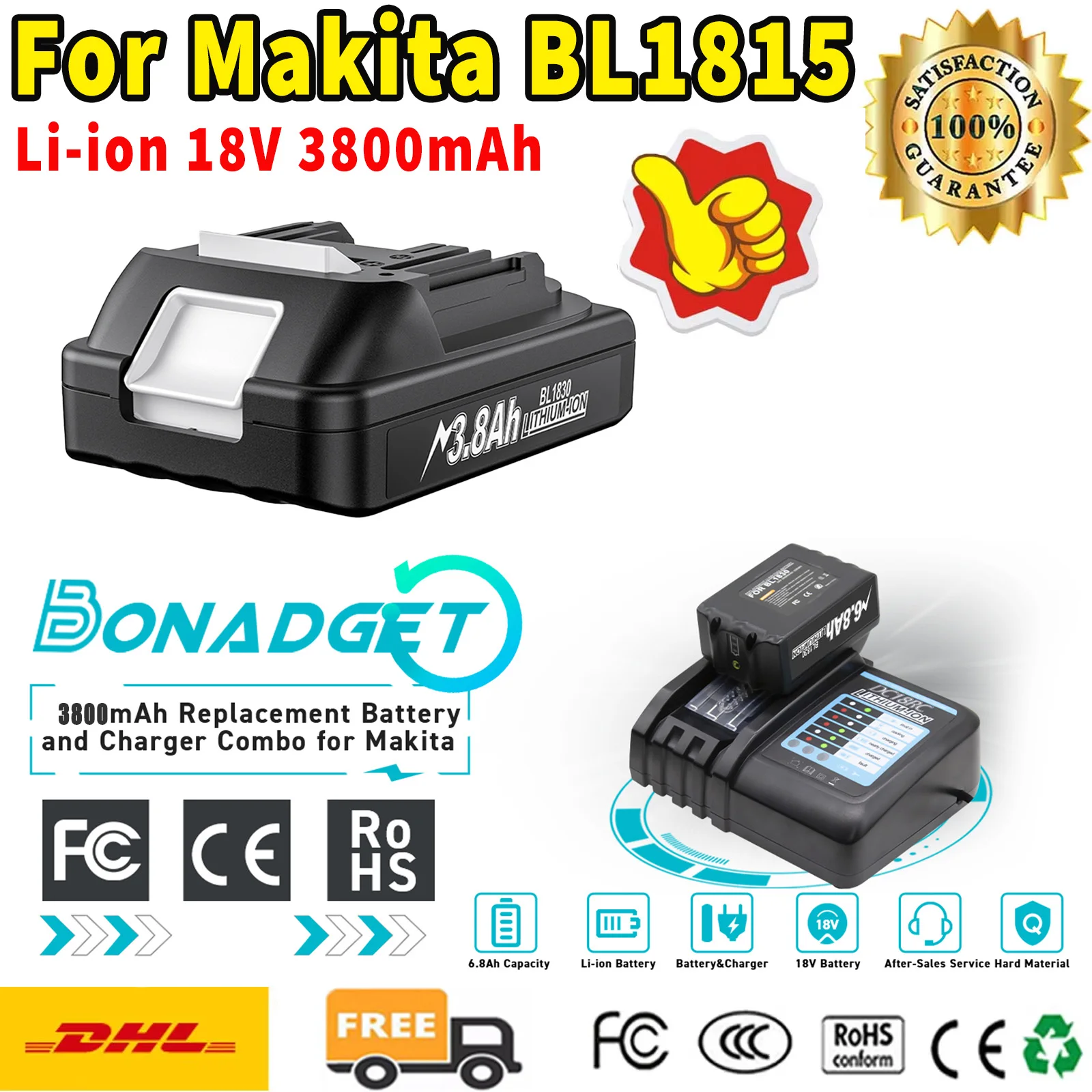 

For Makita BL1815 18V Battery 3800mAh 18V BL1830 BL1815 BL1860 BL1840 Replacement Power Tool Battery With Charger