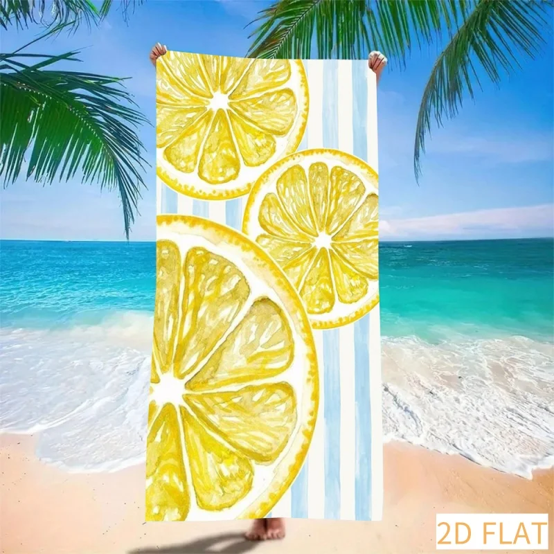 Erfrischendes Strandtuch mit Zitronenscheiben-Motiv – super saugfähiges, schnell trocknendes Mikrofaser-Strandtuch mit blauen Streifen, weiche, sandfreie Decke für Picknicks