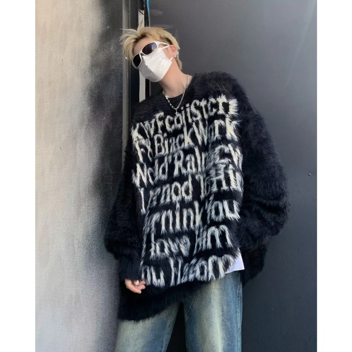 

Американский вязаный свитер для пар, женский круглый пушистый топ из искусственной норки с вышивкой, мягкий полиэстер, зимняя повседневная одежда